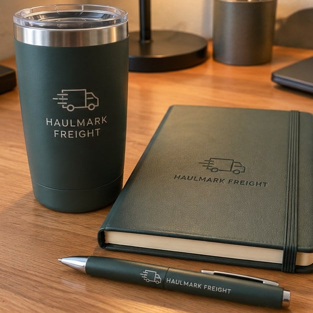 Customer photo of a custom tumbler and notebook